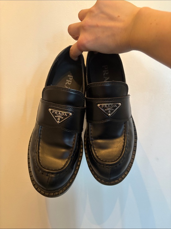 Prada Shoes - Prada Black Leather Penny Loafers with Logo Plaque